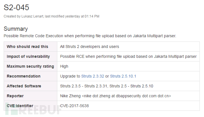 【漏洞预警】Apache Struts2 曝任意代码执行漏洞 (S2-045,CVE-2017-5638)