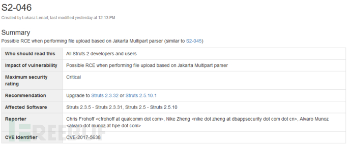【漏洞预警】Apache Struts2再曝远程代码执行漏洞（S2-046 附PoC）