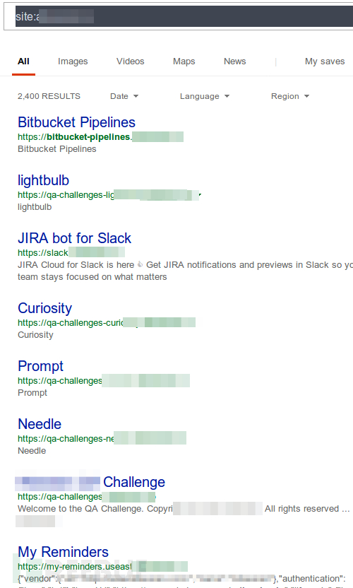 使用 “site” 关键字在bing搜索引擎中找到的子域名。