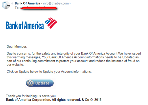 冒充美国银行发送邮件提醒用户升级账户