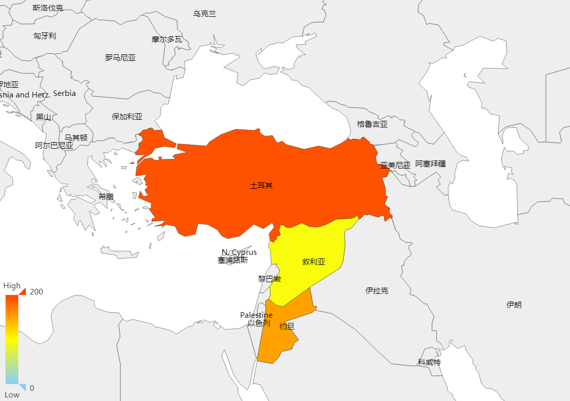 受攻击的主要地区分布统计情况(土耳其、约旦、叙利亚)