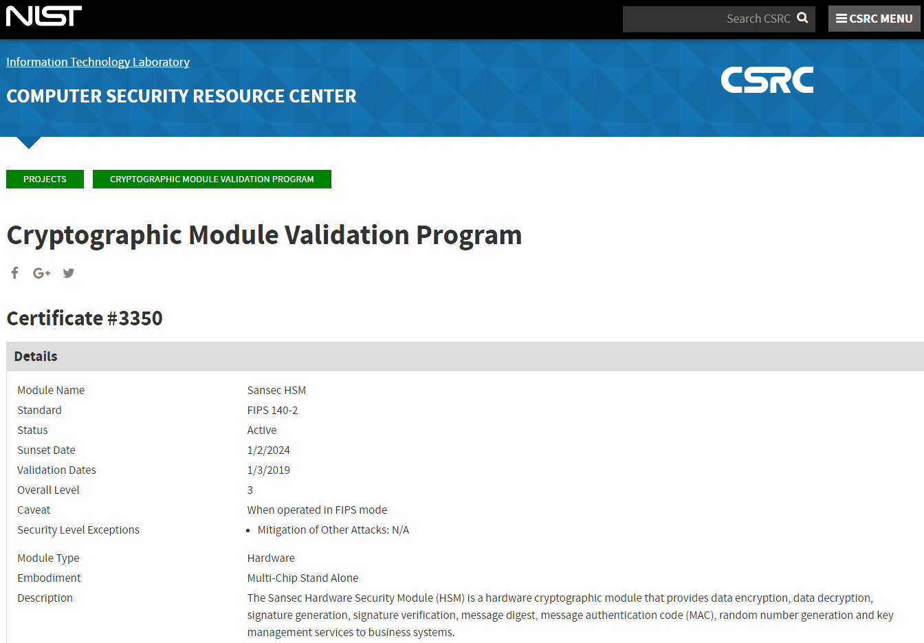 Sansec HSM  FIPS 140-2 Level 3 证书号#3350