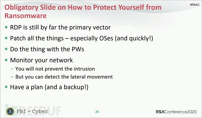 RSA Slide: FBI tips to protect against ransomware