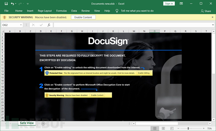 A malicious Excel template that attempts to instill confidence by taking advantage of the DocuSign brand name and image.