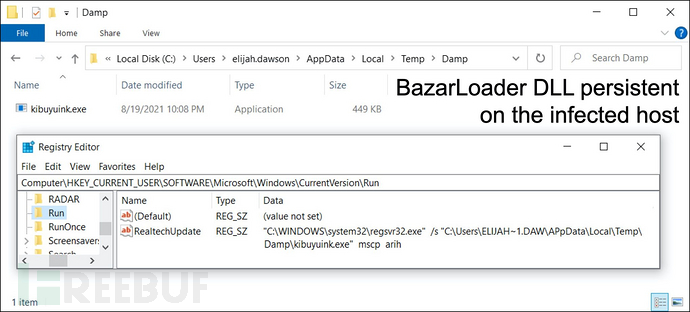 BazarLoader DLL persistent on the infected host, as shown in the screenshot.