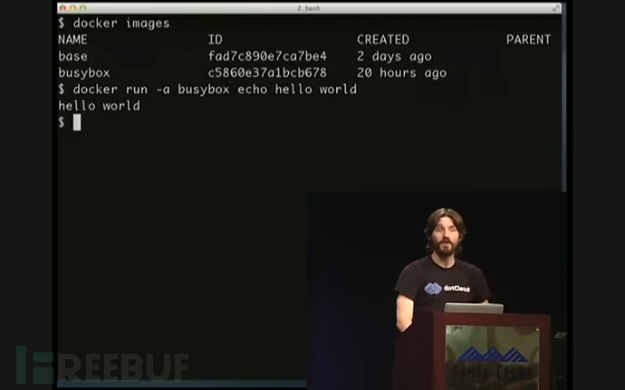 图 1 ：Docker 的创始人Solomon Hykes在 PyCon 上首次向全世界公开展示了 Docker