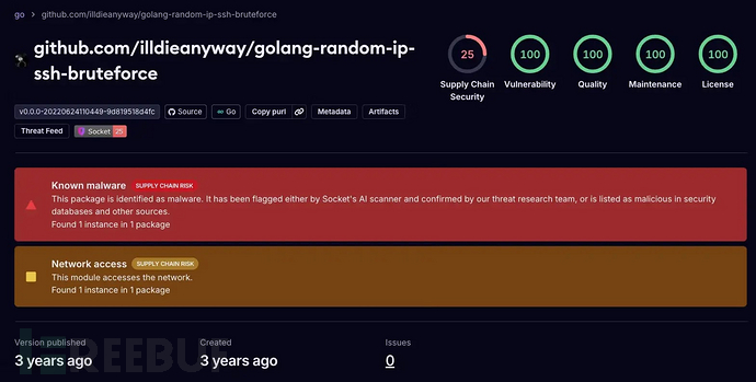 Socket的AI扫描器检测到恶意包golang-random-ip-ssh-bruteforce(来源-Socket.dev)