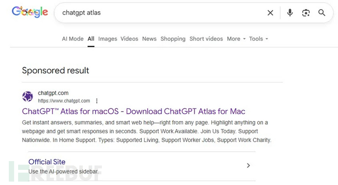 Google搜索结果中的赞助链接指向托管在ChatGPT官网上的虚假macOS版ChatGPT Atlas安装指南(来源:卡巴斯基)