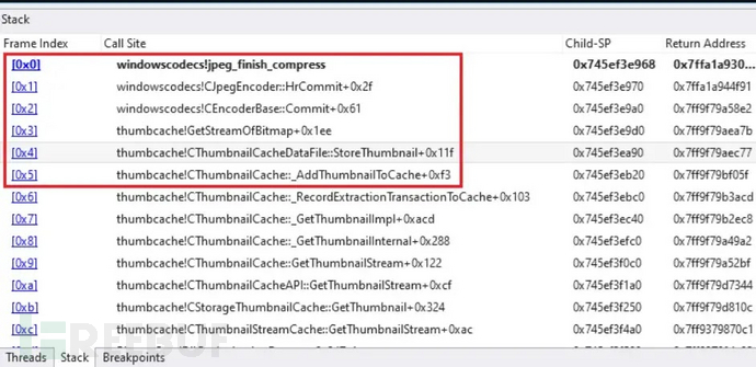 The vulnerable jpeg_finish_compress function is called during the creation of a thumbnail for an image