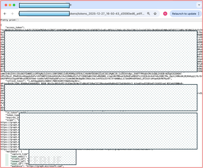 攻击者C2服务器捕获的OAuth令牌示例（来源：Knowbe4）