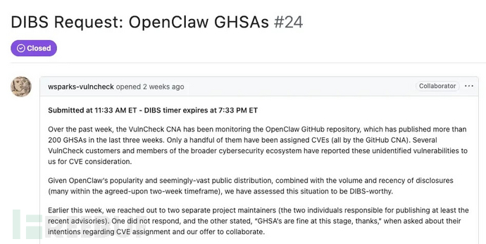 CVE项目研究工作组内的VulnCheck DIBS请求讨论（来源：Socket.dev）