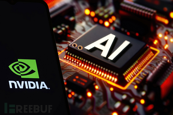 美国，2024年2月15日，手机上的NVIDIA标志与背景模糊的AI芯片