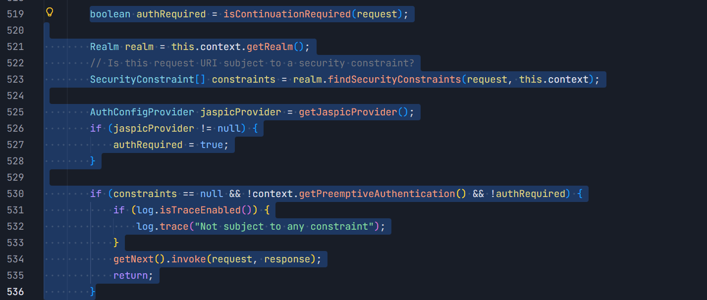 AuthenticatorBase.java#L519-L536（含 L523 调用点 + “无约束直接放行”分支）