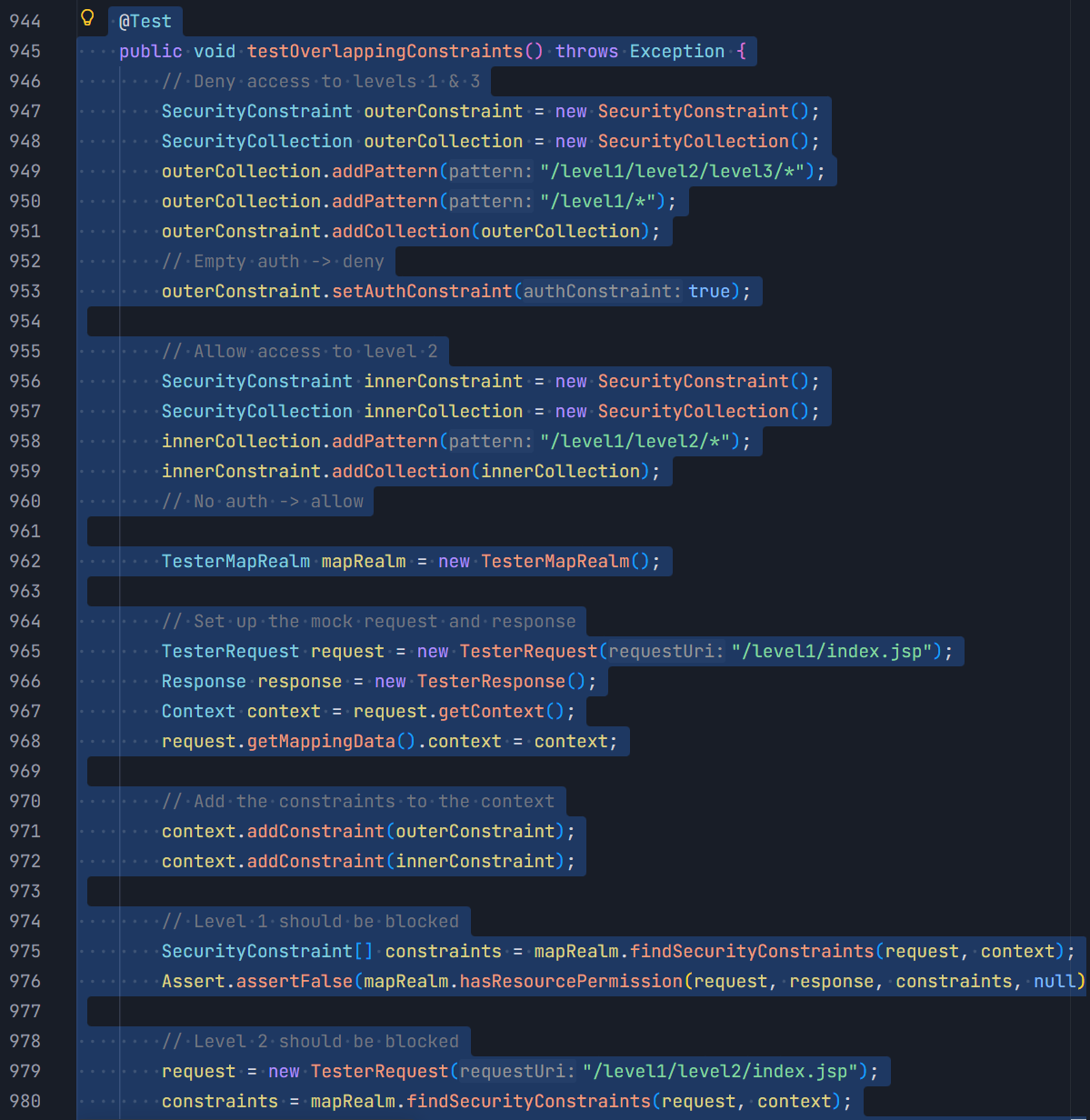 官方回归测试 testOverlappingConstraints（TestRealmBase.java#L945-L987，9.0.121 版本）