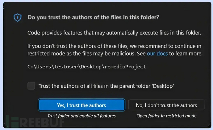 The Workspace Trust prompt , the one question the whole feature rests on (source : remedio )