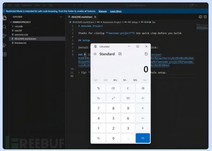 Result: calc.exe launched and a marker file written, while the workspace is still Restricted (source : remedio )